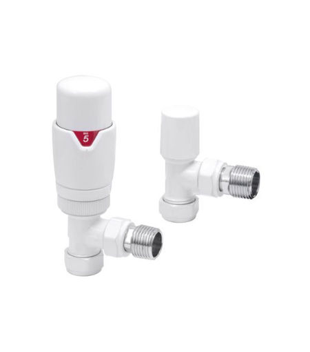 Round Thermostatic White Radiator Valves - Angled