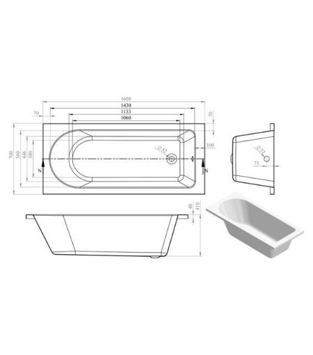 Mercury Round Single End SUPERCAST 1600x700x550mm 0TH Bath w/Legs