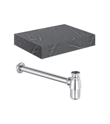 Naseby 600mm Wall Hung Grey Marble Basin Shelf & Chrome Bottle Trap