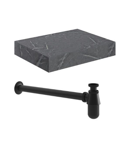 Naseby 600mm Wall Hung Grey Marble Basin Shelf & Black Bottle Trap