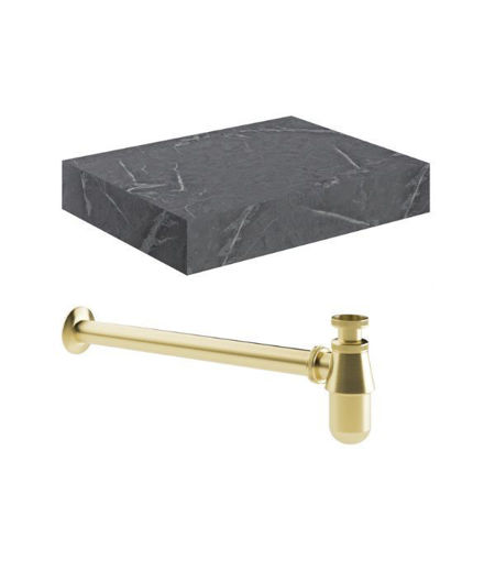 Naseby 600mm Wall Hung Grey Marble Basin Shelf & Brushed Brass Bottle Trap