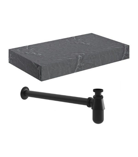 Naseby 800mm Wall Hung Grey Marble Basin Shelf & Black Bottle Trap