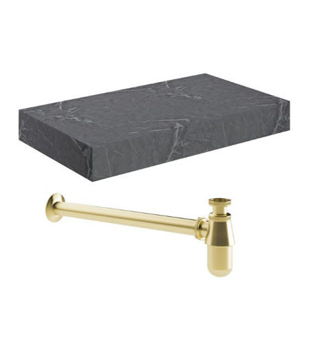Naseby 800mm Wall Hung Grey Marble Basin Shelf & Brushed Brass Bottle Trap