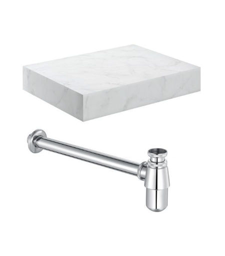 Naseby 600mm Wall Hung White Marble Basin Shelf & Chrome Bottle Trap