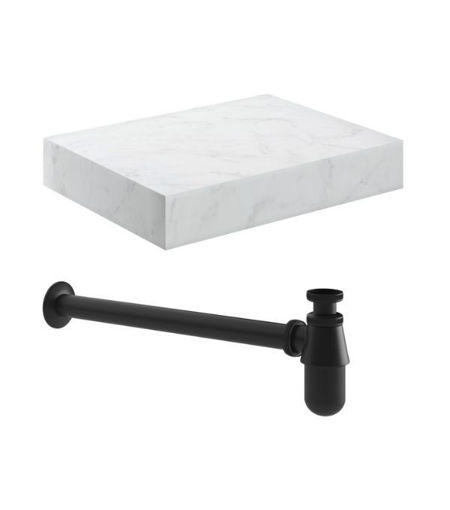 Naseby 600mm Wall Hung White Marble Basin Shelf & Black Bottle Trap