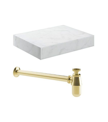 Naseby 600mm Wall Hung White Marble Basin Shelf & Brushed Brass Bottle Trap
