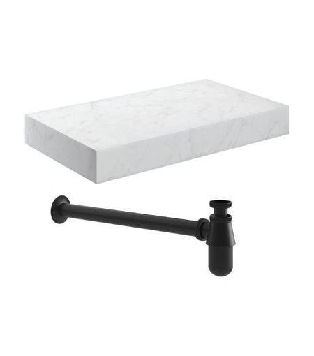 Naseby 800mm Wall Hung White Marble Basin Shelf & Black Bottle Trap