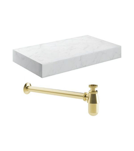 Naseby 800mm Wall Hung White Marble Basin Shelf & Brushed Brass Bottle Trap
