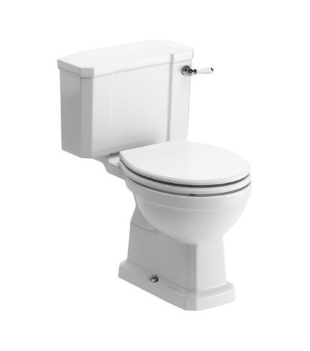 Kingfisher Close Coupled WC & Satin White Wood Effect Seat w/Brushed Brass Finishes