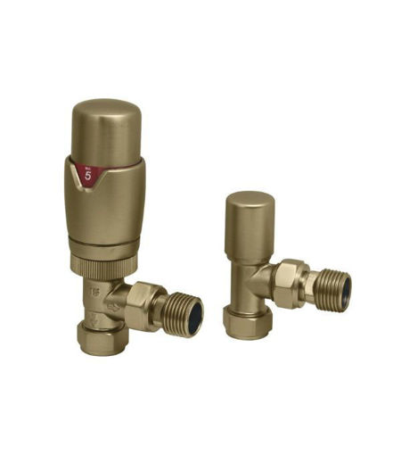 Round Thermostatic Brushed Brass Radiator Valves - Angled