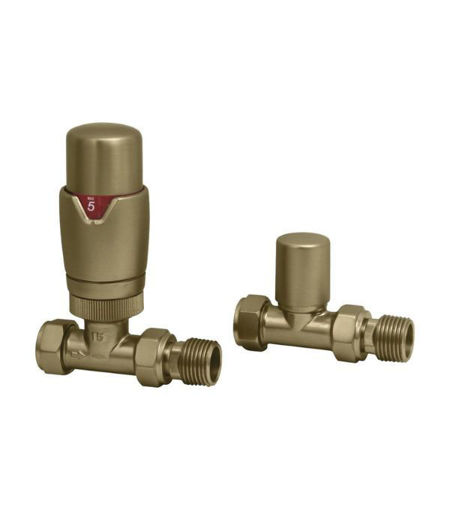 Round Thermostatic Brushed Brass Radiator Valves - Straight