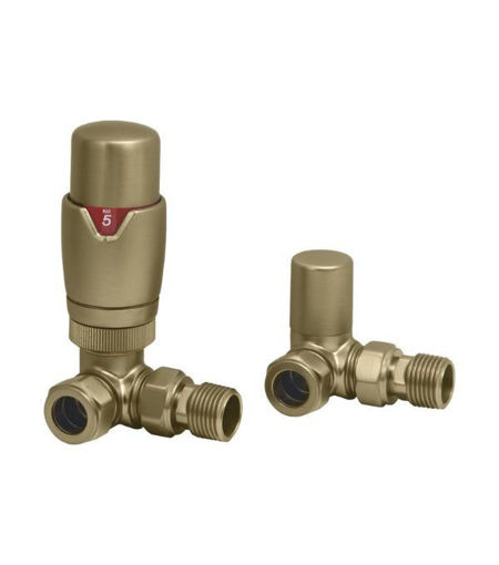 Round Thermostatic Brushed Brass Radiator Valves - Corner