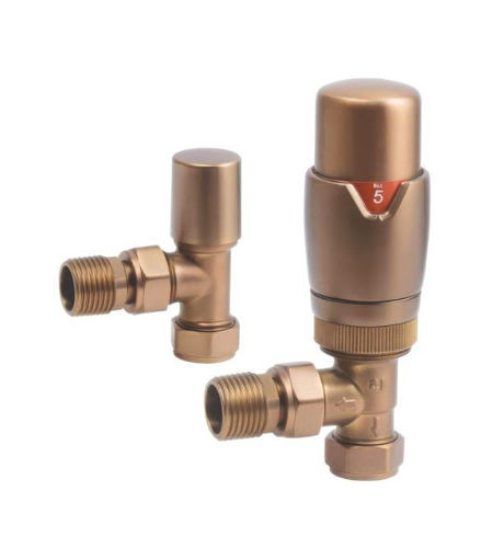 Round Thermostatic Brushed Bronze Radiator Valves - Angled