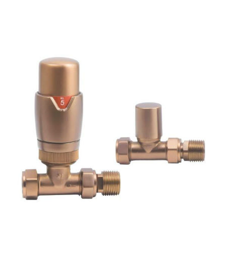 Round Thermostatic Brushed Bronze Radiator Valves - Straight