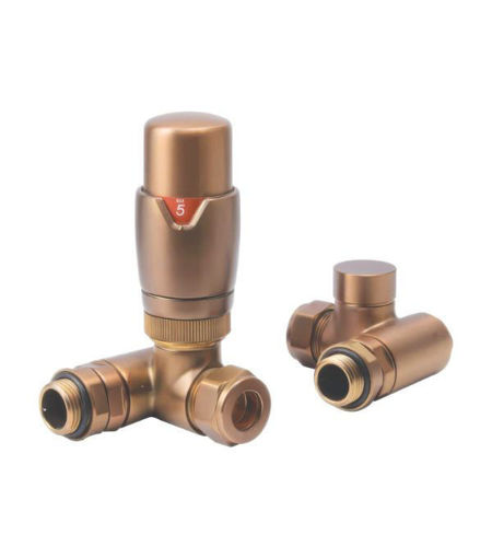 Round Thermostatic Brushed Bronze Radiator Valves - Corner