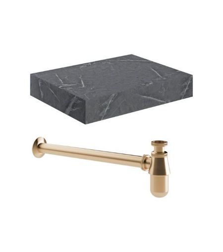 Naseby 600mm Wall Hung Grey Marble Basin Shelf & Brushed Bronze Bottle Trap