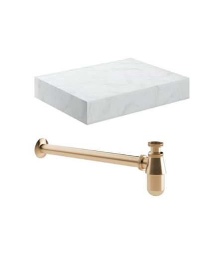 Naseby 600mm Wall Hung White Marble Basin Shelf & Brushed Bronze Bottle Trap