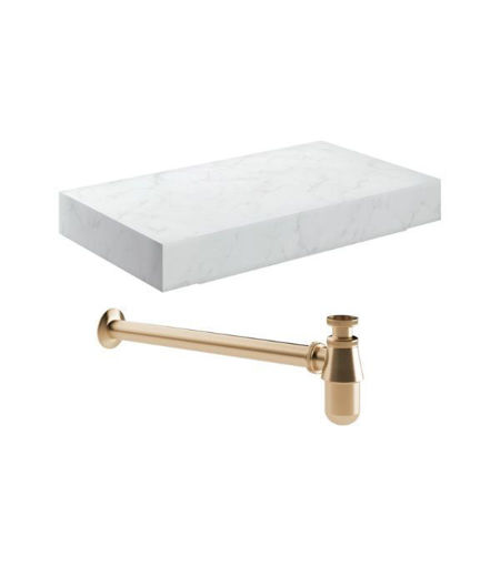 Naseby 800mm Wall Hung White Marble Basin Shelf & Brushed Bronze Bottle Trap